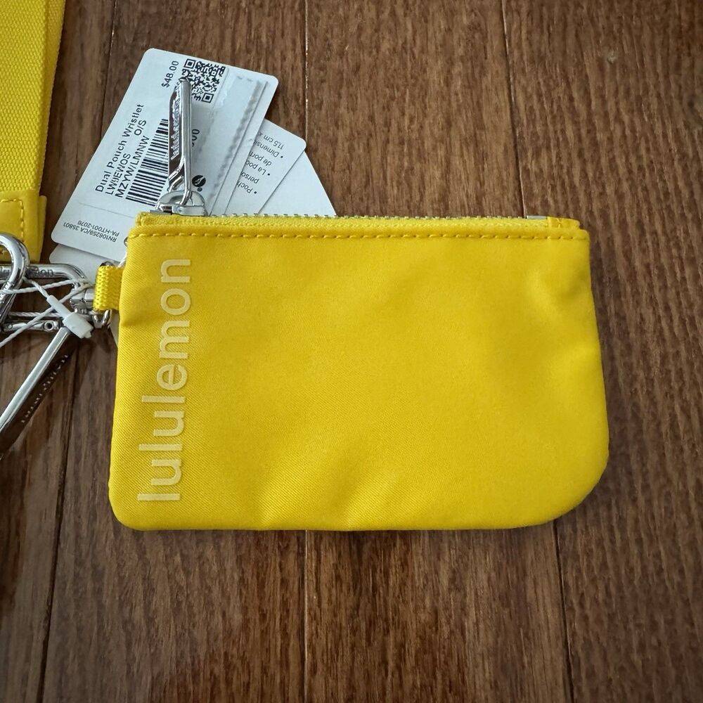 Lululemon Dual Pouch Wristlet Yellow Maize Lemon Silver Keychain Wallet Travel - Picture 5 of 8